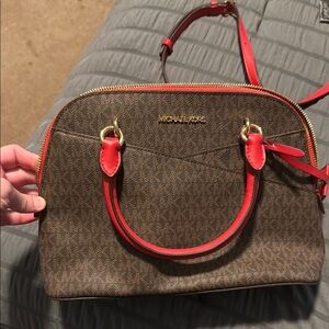 Michael Kors Brown and Red Satchel Bag with Signature Monogram
